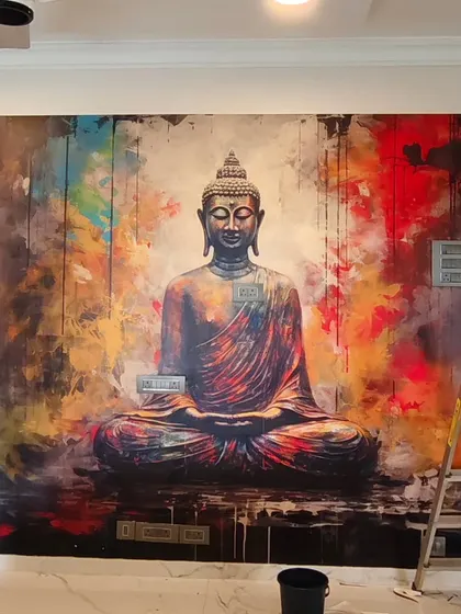 A large-scale, vibrant Buddha mural becomes the centerpiece of this room. I ensure that the central figure is perfectly centered and the abstract colors blend seamlessly.