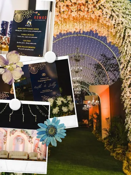 A collage showing the complete look of an engagement party. From the grand floral arch at the entrance to the elegant stage and custom-designed menu cards, we ensure every element is cohesive.