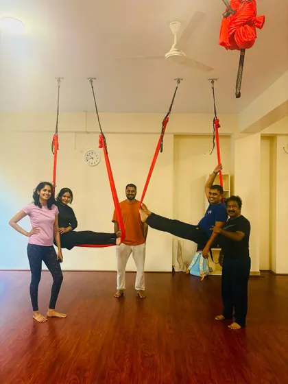 We also explore partner and group poses in our sessions. It's a wonderful way to build trust, balance, and connection while trying something new and exciting with the aerial hammock.