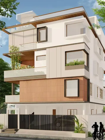 A contemporary elevation design that uses a mix of materials including exposed concrete, brick accents, and wooden cladding to create a warm, rustic feel on a modern structure.