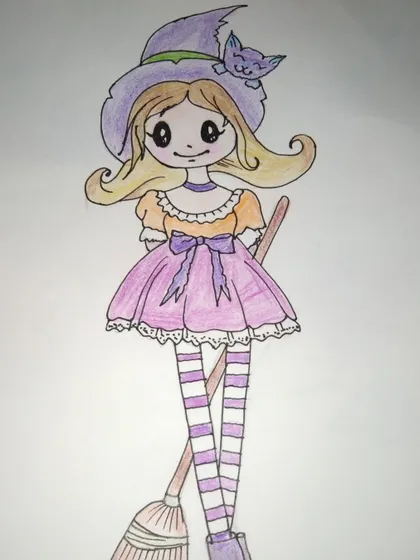 A cute witch bookmark created in one of my classes. These are fun, small projects where students can practice their character drawing and colouring skills.