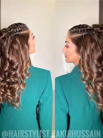 A dual-angle view of the half-up top knot style, showing its fun and fashionable appeal.