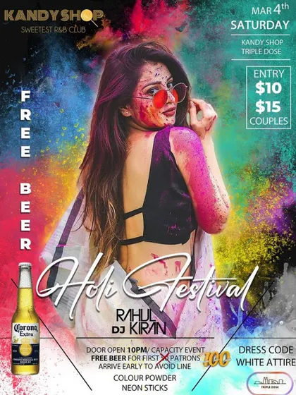 The official poster for a Holi Festival party at Kandy Shop Club. I love bringing the vibrant energy of Indian festivals to the club scene in Adelaide.
