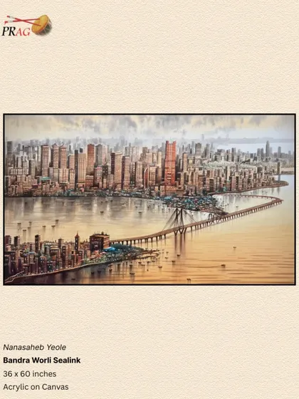 A panoramic painting of Mumbai's iconic Bandra-Worli Sealink by Nanasaheb Yeole, capturing the grandeur of the modern cityscape.