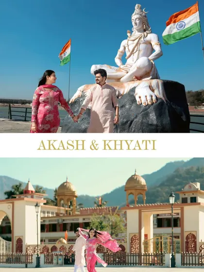 A collage showcasing a couple's pre-wedding shoot at two iconic Rishikesh locations: the Parmarth Niketan ashram and the famous Shiva statue by the Ganga.