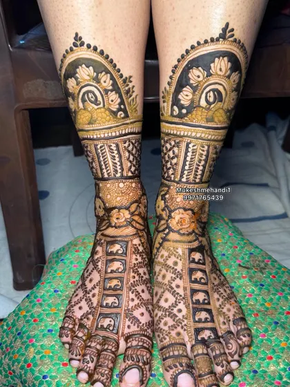 Another view of the elephant and peacock feet mehndi, showing the incredible detail and symmetry I strive for in my work.
