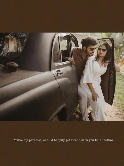 A cinematic shot of a couple with a vintage car, captioned with a romantic quote.