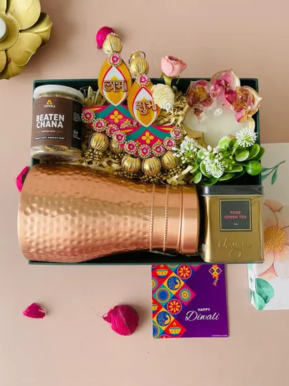 Another angle of the floral box hamper, showing the included "Happy Diwali" card, which we can customize with your message.