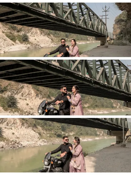 A series of shots capturing the couple and their motorcycle from different angles, with the river and bridge as a constant backdrop.