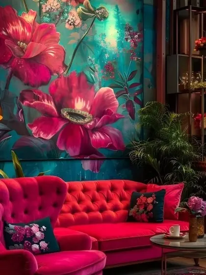 Embrace vibrant color in your living space. This room, filled with bold floral art and rich pink furniture, is a perfect example of "dopamine decor," designed to create a joyful and uplifting environment.