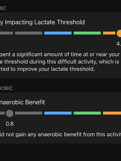 This run had a high impact on my lactate threshold. Spending significant time near this threshold is key to improving endurance and speed for races.