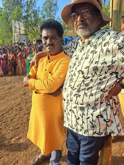 With folk singer Sri C.M. Narasimha Murthy and my father at the 'Bale Mantapa' in Chamarajanagara. Good company makes fieldwork a joy.