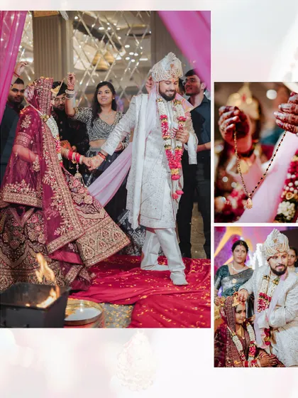 A collage showing key rituals from a Hindu wedding, including the pheras and the tying of the mangalsutra.