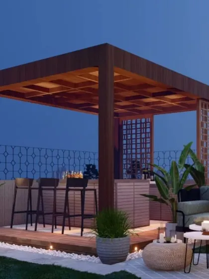 Your dream is our goal. This render shows a concept for a rooftop bar and lounge area we can bring to life, complete with a custom wooden pergola, bar counter, and cozy seating.