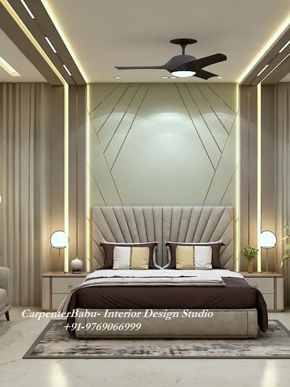 The headboard wall in this bedroom is a masterpiece of modern design, with a fan-like upholstered headboard set against a backlit, geometrically patterned panel.