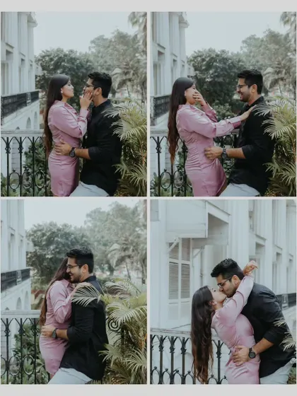 A four-part story of a couple's playful and loving interaction, from gentle touches to a sweet kiss, framed by lush greenery against a classic Mumbai building.