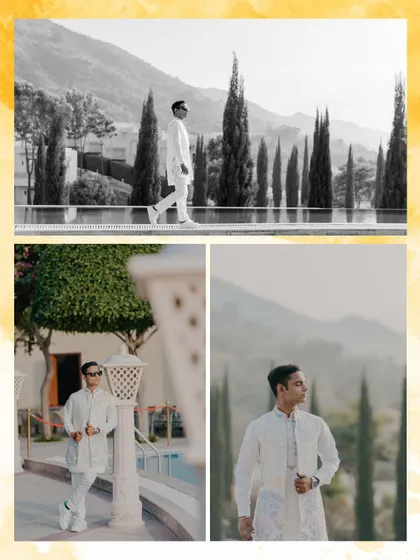 A collage of the groom's portraits from the Haldi event. The mix of black and white and color shots against the scenic backdrop highlights his sophisticated style.