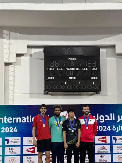 The victory podium at the Egypt International 2024. A proud moment seeing my player, Raghu Mariswamy, at the top spot for Men's Singles.