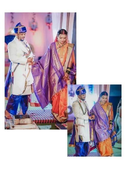 A collage showing the Saptapadi ritual, where the couple takes their first steps together as husband and wife.