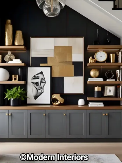 A sophisticated storage unit built under a staircase, featuring dark grey shaker-style cabinets and natural wood shelves. This design turns an awkward space into a beautiful and functional display area.