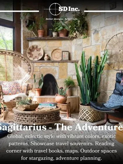 Zodiac interiors for Sagittarius, the adventurer. A global, eclectic style with vibrant colors, exotic patterns, and spaces for planning the next journey.
