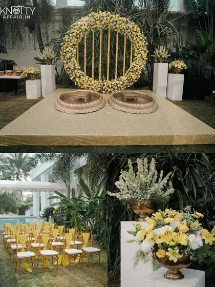 The beautiful and elegant decor of a Haldi ceremony, from the seating arrangement to the floral backdrop. We capture the effort you put into your event's aesthetic.