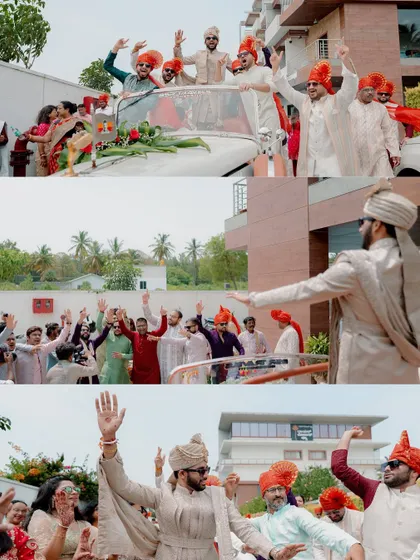 The groom's friends and family dance with joy during the Baraat, making for a lively and unforgettable procession.
