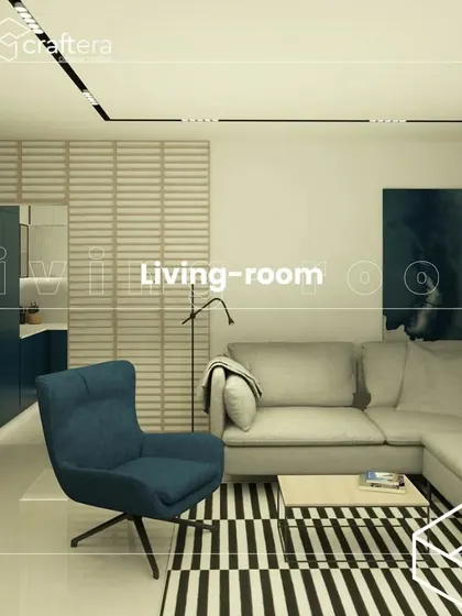 A 3D render of a living room concept, showcasing a comfortable L-shaped sofa, a blue accent chair, and a slatted wooden partition.