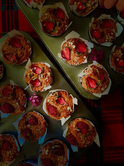 Another view of the apple and strawberry muffins, fresh out of the oven and ready for a party.