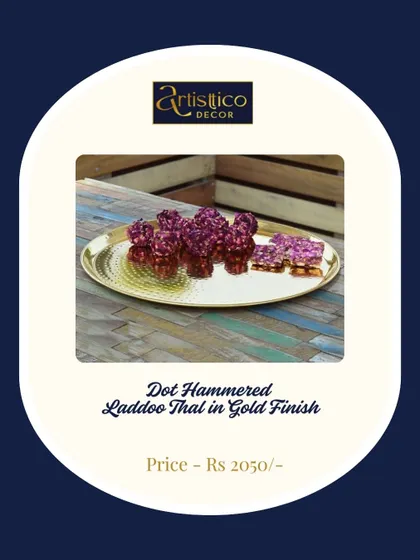 My dot-hammered laddoo thal in a gold finish is designed for serving traditional sweets in style. The texture and shine make it a standout piece on any festive table.