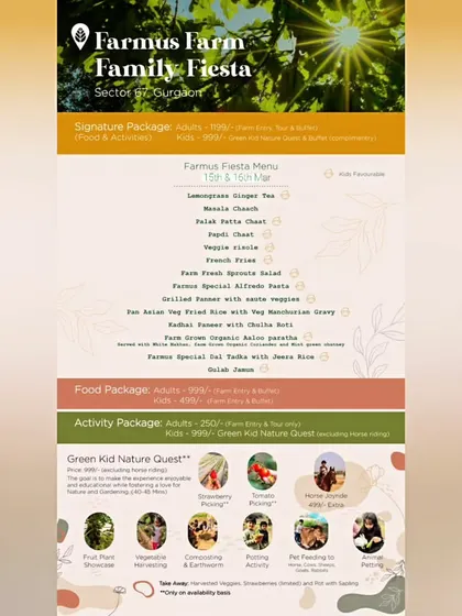 A comprehensive flyer for our 'Family Fiesta', showing the full menu, activity packages, and pricing options.