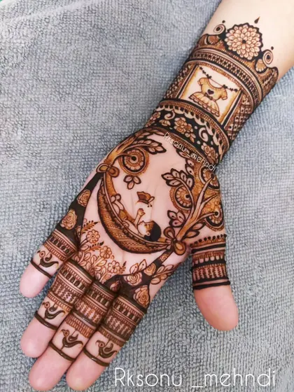 This whimsical design tells the story of a mother's love. One hand features a mother holding her child, while the other shows a baby peacefully sleeping in a cradle, surrounded by delicate floral and leaf patterns.