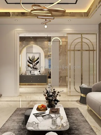 A perspective showing the flow between the living room and the foyer, highlighting the use of partitions and architectural details to define spaces.