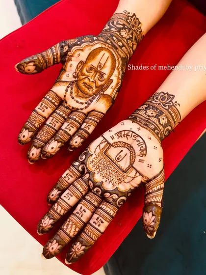 A devotional portrait of Shri Swami Samarth for a client. The design includes his portrait on one palm and a 'palki' (palanquin) on the other, with 'Swami' written on the fingers.
