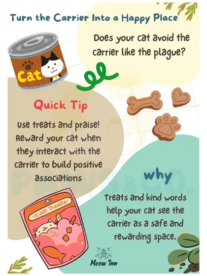 You can turn the carrier into a happy place by using treats and praise. Positive association is key to stress-free travel for your cat.