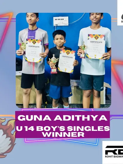 Congratulations to Guna Adithya, the winner of the U14 Boy's Singles event. His performance reflects the high standards of our junior badminton training programs.