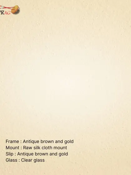 The specifications for this divine frame. We used an Antique brown and gold frame, a Raw silk cloth mount, an Antique brown and gold slip, and Clear glass to achieve this traditional and elegant look.