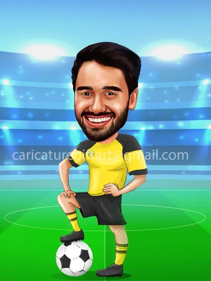 A caricature for a football fan, showing him on the field in his favorite team's jersey. A great gift for any sports lover to celebrate their passion.