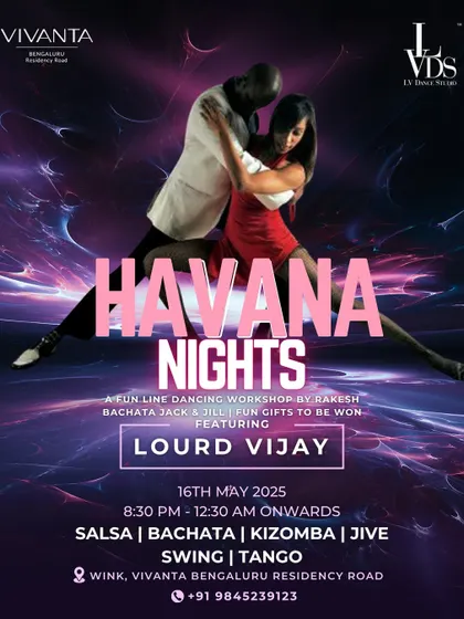 An event poster for a special Havana Nights featuring a line dancing workshop and a Bachata Jack & Jill competition. We always add fun elements to our parties.