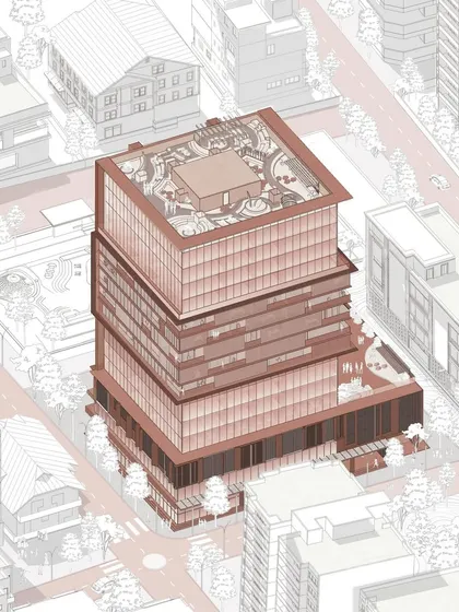 The Insignia Business Center is a 15-floor office building fragmented into smaller volumes to harmonize with the scale of the adjacent neighborhood. The burnt orange facade, inspired by the colors of autumn, creates a dynamic and warm commercial environment.
