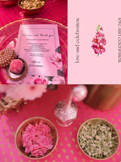 A collage showing the details of a welcome kit, including custom stationery and sweets, all designed to match the event's floral theme.