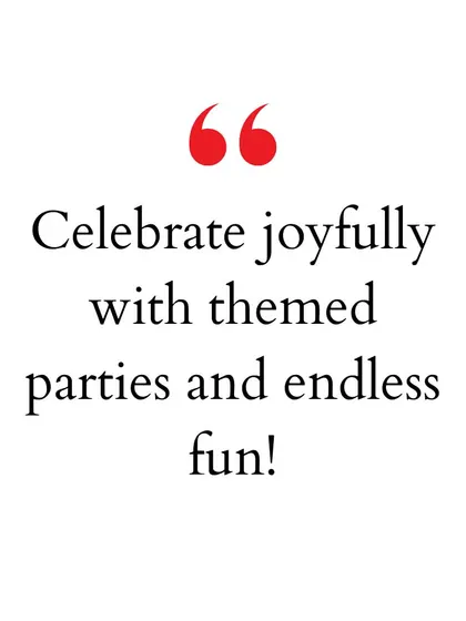 "Celebrate joyfully with themed parties and endless fun!" Highlighting our two main offerings: custom themes and a fantastic playzone.