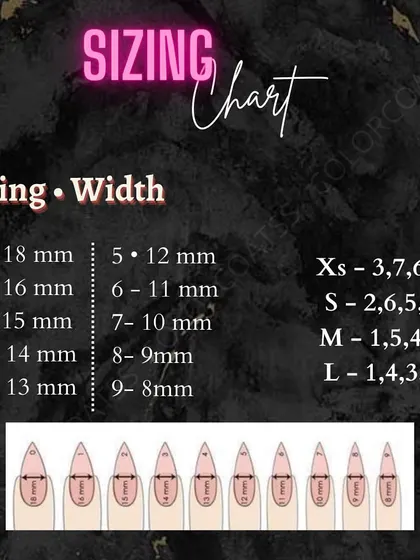 This sizing chart provides a detailed breakdown of nail widths in millimeters and how they correspond to my standard sizes, from XS to L, for easy reference.