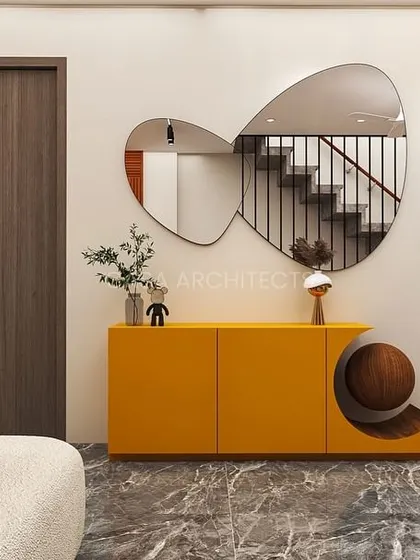 This render highlights a playful yellow console table and an abstract mirror, adding a pop of color and personality to a modern living space.