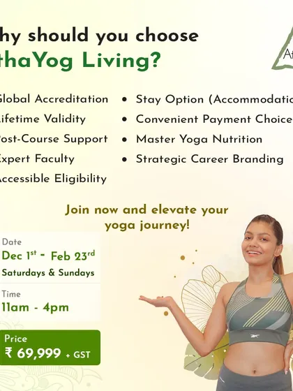 There are many reasons to choose AthaYog for your teacher training. This image details our key advantages, including global accreditation, lifetime validity of your certificate, post-course support, and guidance on yoga nutrition and career branding. We provide a complete support system for your journey.