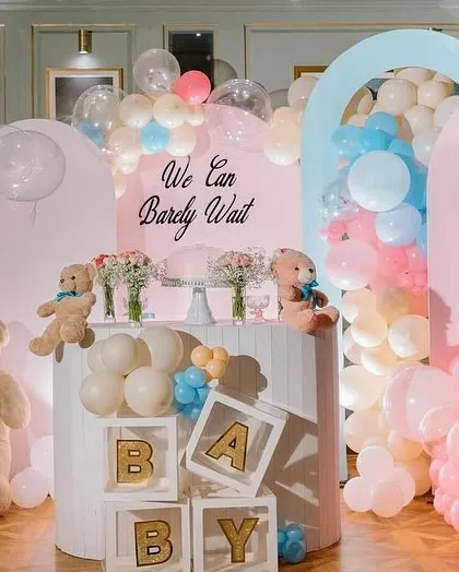 Our "We Can Barely Wait" teddy bear theme is a classic for a reason. This baby shower setup combines soft pink, blue, and cream balloons with adorable teddy bears and custom "BABY" blocks to create a sweet and welcoming atmosphere for the parents-to-be.
