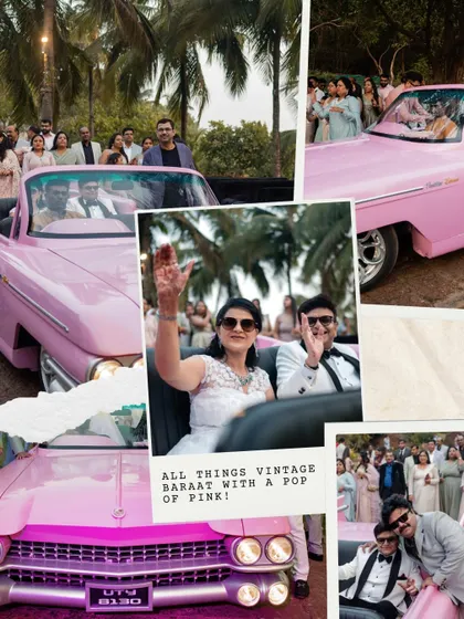 Who says you can't have a baraat twice? For this 25th-anniversary party, we arranged a vintage pink Cadillac for the couple's grand entrance, reliving their wedding day madness with a fun, retro twist.
