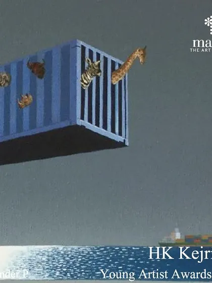 This painting by Suchendra P. was featured in our Young Artist Awards. It's a powerful visual metaphor, using dreamlike imagery of animals in a shipping container to comment on displacement and the environment.