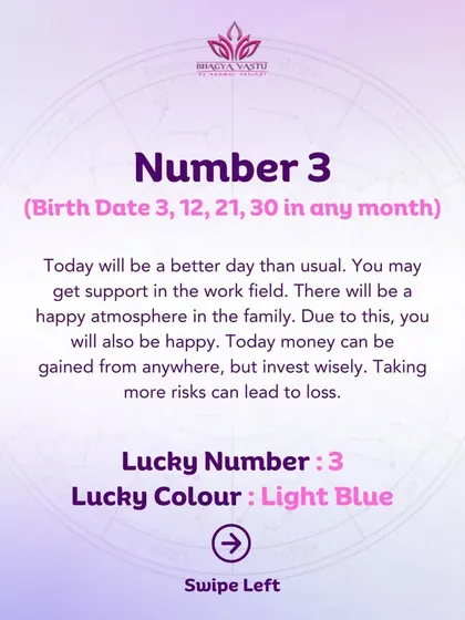 A daily prediction for Moolank 3, suggesting a day with good support at work and a happy family atmosphere.