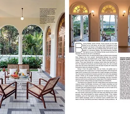 The opening spread of the Loto Bianco feature, capturing the beautiful arched veranda and its connection to the outdoors.